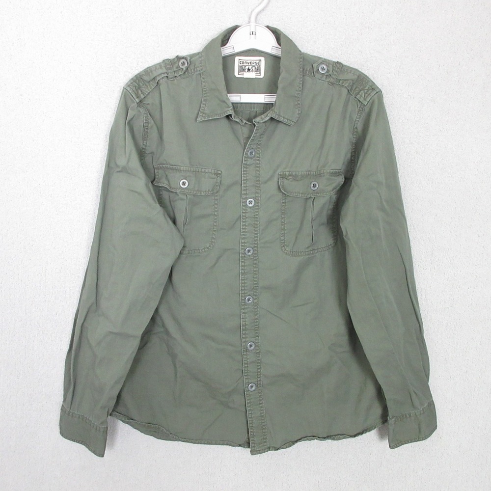 Converse One Star Mens Large Green Military Utility Button Up Long Sleeve Shirt